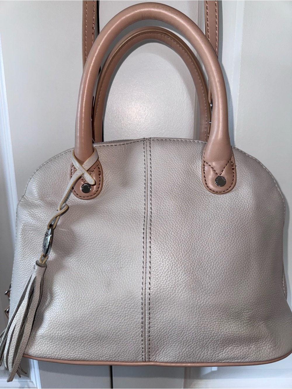 Tignanello Two-Tone Pebbled Leather Satchel in Light Taupe and Nude